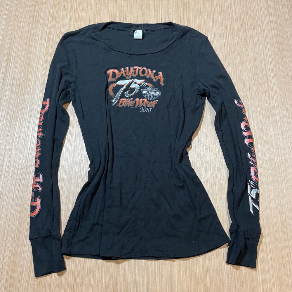 Harley-Davidson Graphic Tee Women Black 75th Daytona Bike Week 2016 Long Sleeve